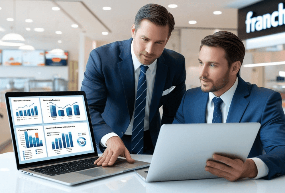 A franchise owner and financial analyst reviewing cost-saving strategies on a laptop, with financial charts and reports displayed, emphasizing franchise expense optimization and profitability management.
