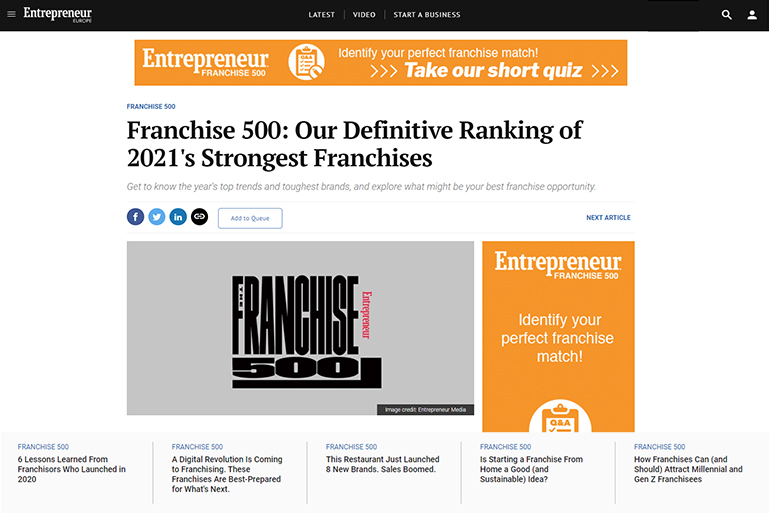 Entrepreneur Magazine's Franchise 500 webpage screenshot