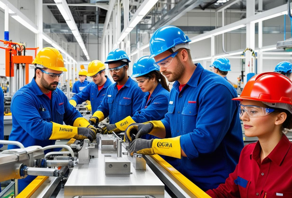 A modern manufacturing facility with workers in OSHA-compliant safety gear, operating efficiently with automated machinery and clear safety signage.