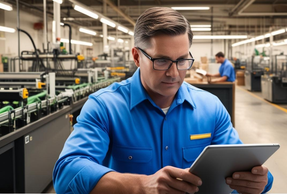A manufacturing supervisor auditing production expense reports on a tablet, with a busy factory floor and cost-saving strategies in the background.