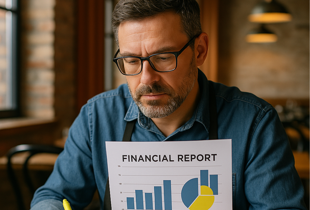 Restaurant owner analyzing a cost analysis report to identify potential cost reduction.