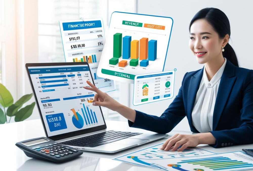 A franchise owner analyzing financial reports with a laptop, calculator, and charts, strategizing ways to maximize franchise profits through cost-cutting and revenue growth