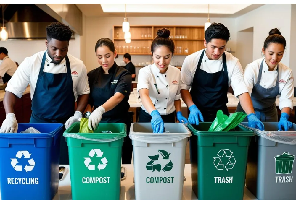 Restaurant staff implementing a waste management system by sorting waste into labeled bins.