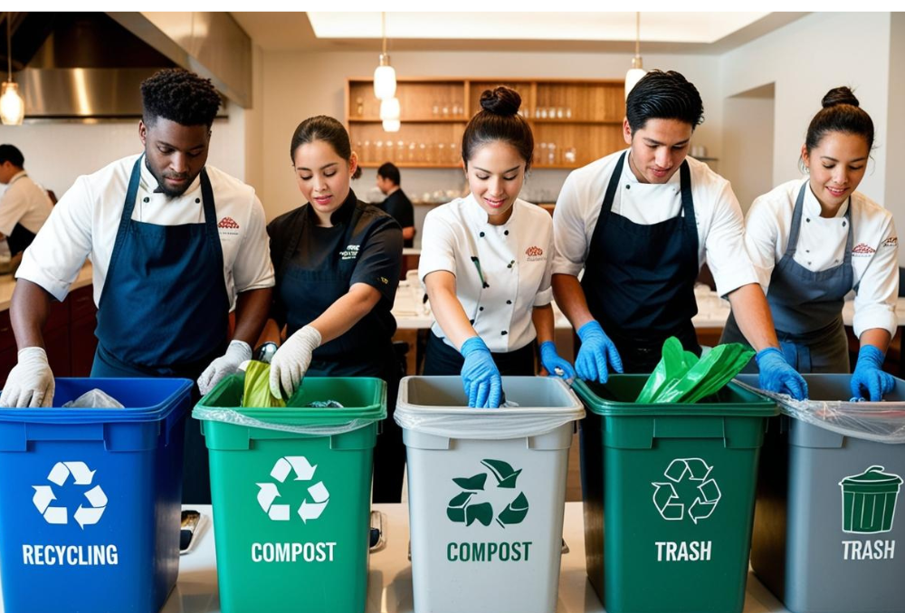 Restaurant staff implementing a waste management system by sorting waste into labeled bins.
