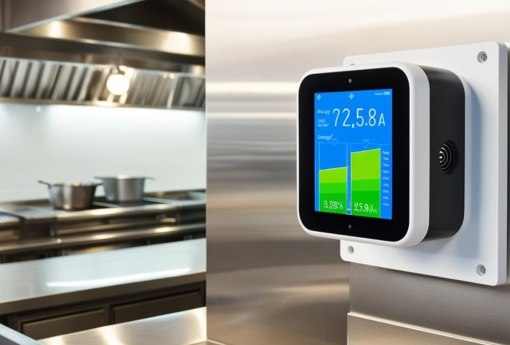 Smart energy meter displaying real-time energy consumption in a restaurant kitchen.
