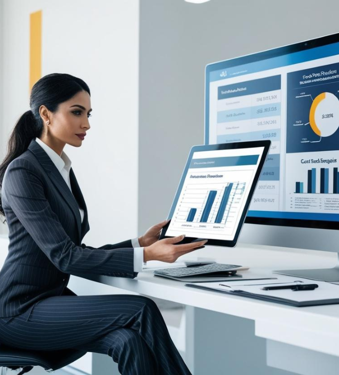 Business professional reviewing cost reduction strategies and financial reports.