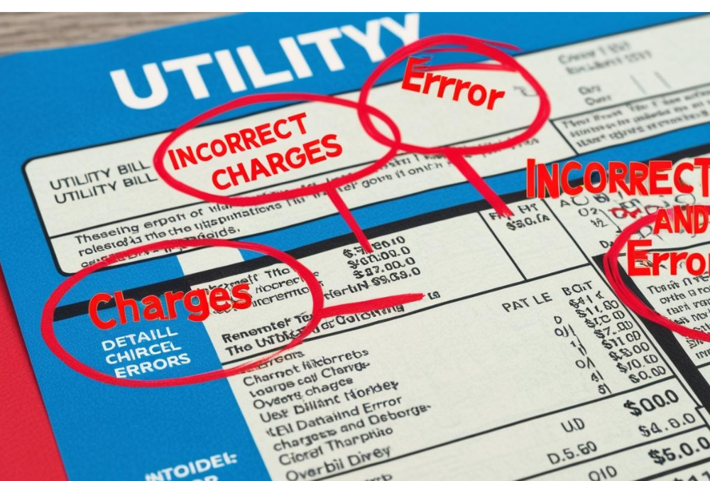 Utility bill with marked errors, highlighting incorrect charges and overbilling.