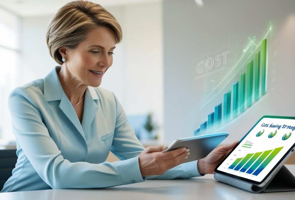 Healthcare administrator analyzing cost reduction strategies to improve financial efficiency.