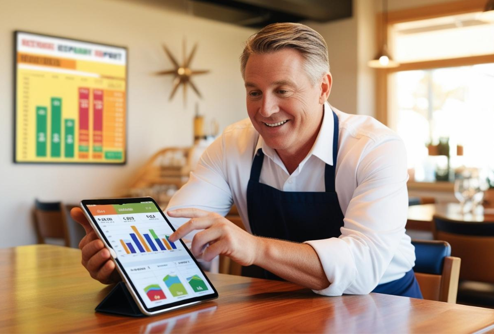 Restaurant owner reviewing expense reports on a tablet, analyzing food costs and sales data to optimize spending and reduce restaurant expenses effectively.