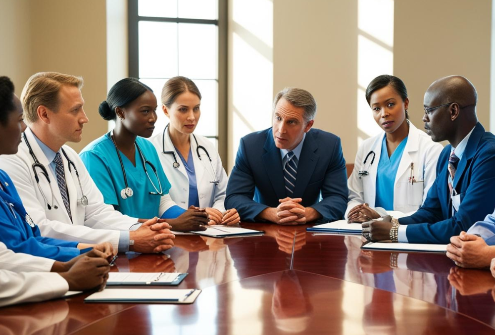 Healthcare professionals strategizing cost reduction solutions to lower hospital expenses.