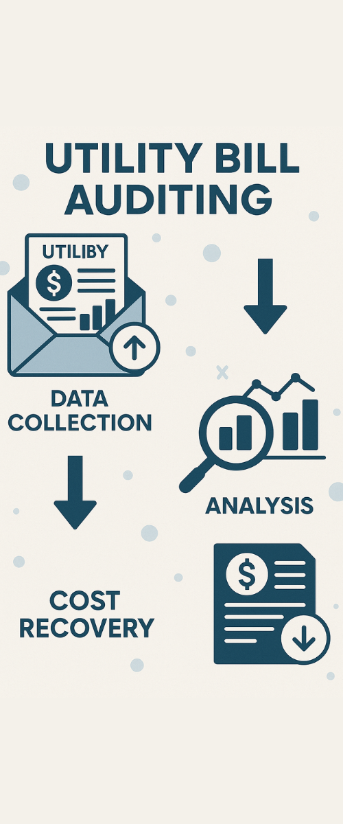 A step-by-step infographic illustrating the utility bill auditing process, including data collection, analysis, and cost recovery.