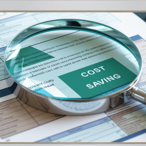 Financial documents with a magnifying glass showing areas for cost reduction