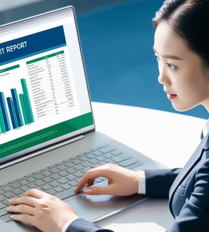 A financial audit report on a tablet or laptop with a consultant analyzing data