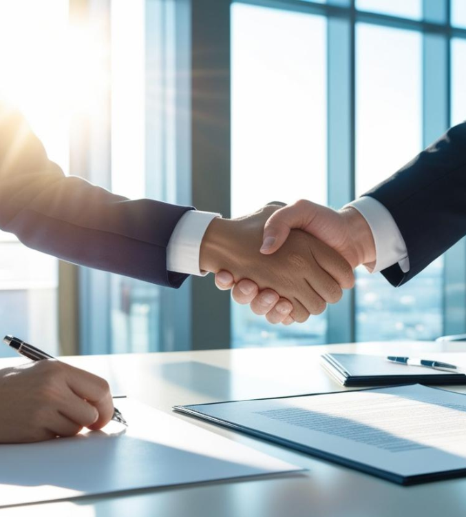 Business executive shaking hands with a cost reduction consultant after signing an agreement.