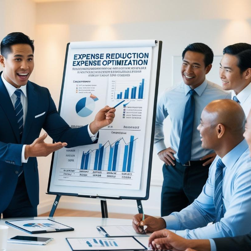 Cost reduction consultant explaining expense optimization strategies to a business team