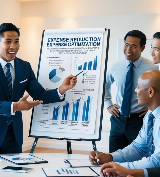 A group of professionals in a meeting room reviewing utility expense reports and discussing cost-saving strategies.