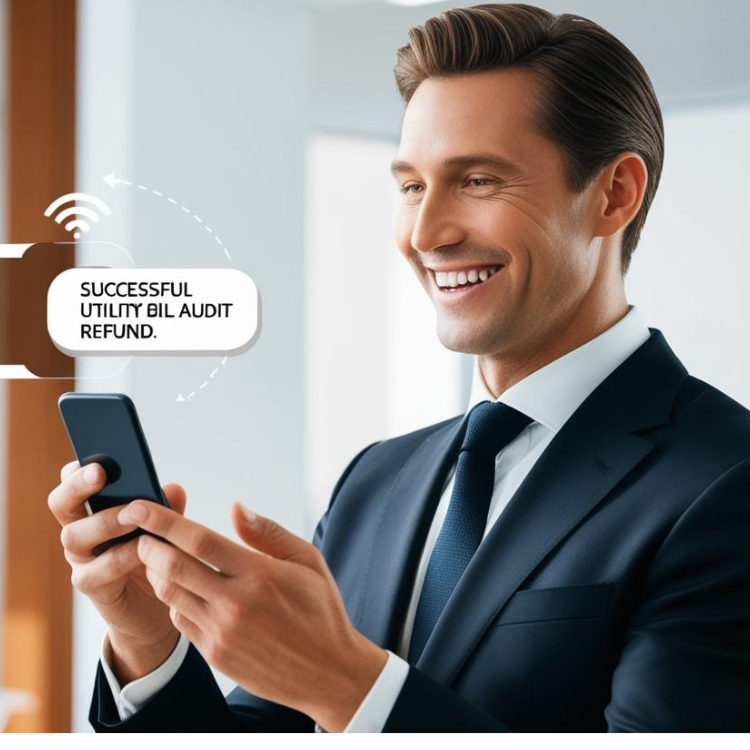 A smiling business owner receiving a check or an email notification about a refund from a utility bill audit.