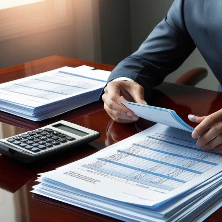 A business professional auditing utility bills with a calculator and financial reports on a desk