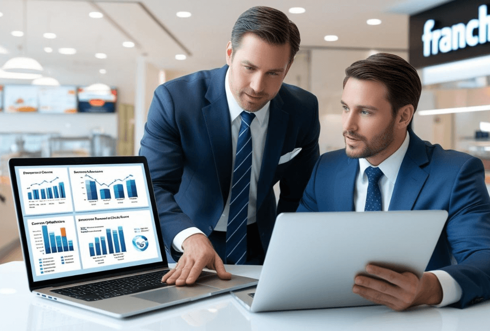 A franchise owner and financial analyst reviewing cost-saving strategies on a laptop, with financial charts and reports displayed, emphasizing franchise expense optimization and profitability management.