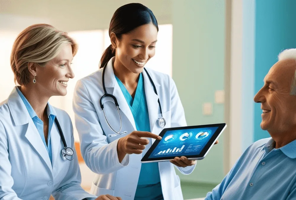 A healthcare professional reviewing financial reports on a tablet while engaging with a patient in a well-equipped medical facility, symbolizing cost reduction without sacrificing care quality.
