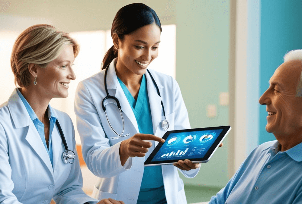 A healthcare professional reviewing financial reports on a tablet while engaging with a patient in a well-equipped medical facility, symbolizing cost reduction without sacrificing care quality.