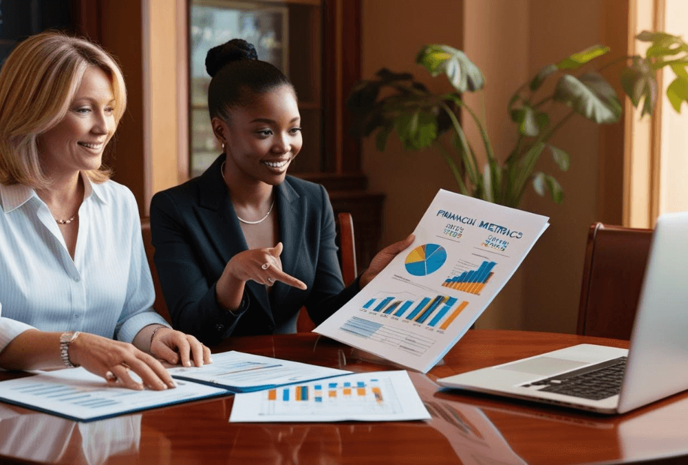 Restaurant owner reviewing financial reports with a consultant to identify cost-saving strategies.