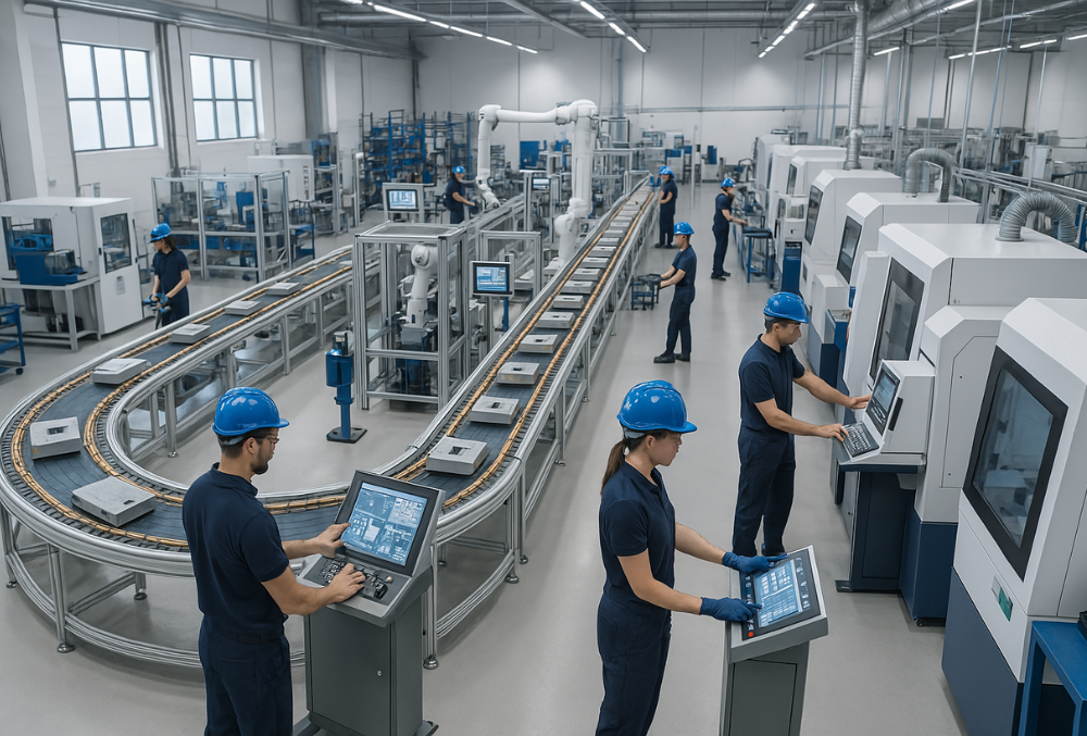 An advanced manufacturing facility with automated machines, energy-efficient lighting, and a manager using a tablet to monitor production efficiency and cost-saving strategies.
