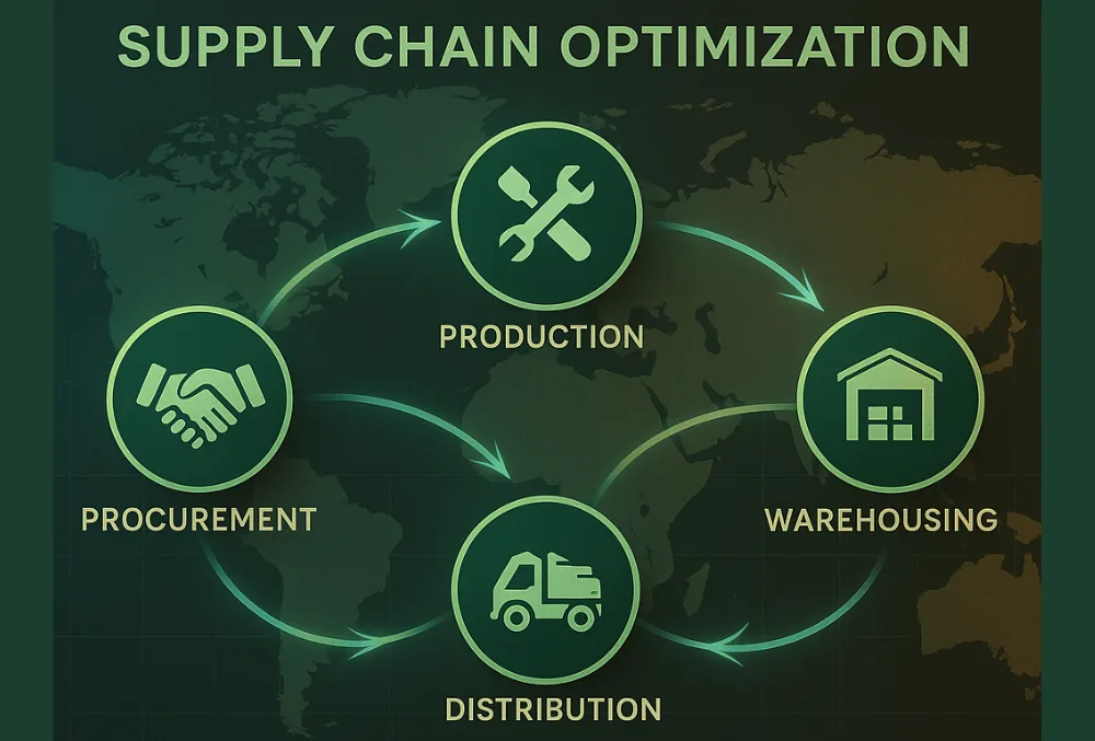 Diagram showcasing optimized supply chain processes with supplier selection, logistics, and inventory management strategies.