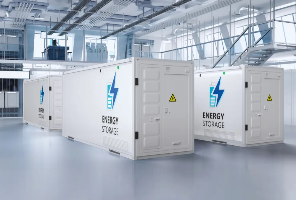 A manufacturing facility equipped with solar panels and wind turbines for sustainable energy savings.