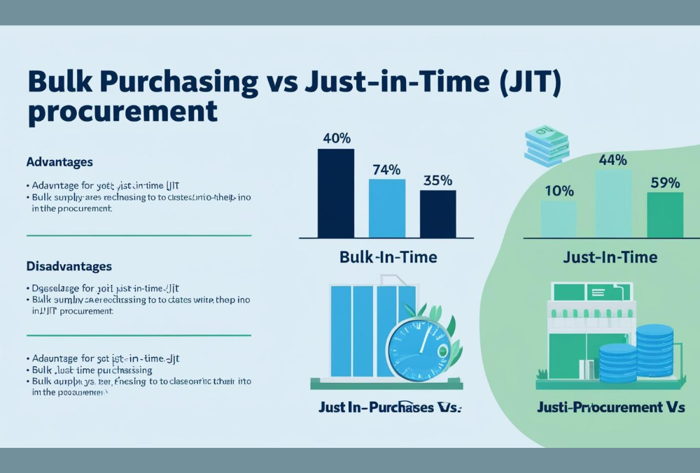 Side-by-side comparison of bulk purchasing vs. Just-in-Time (JIT) procurement strategies in manufacturing cost management.