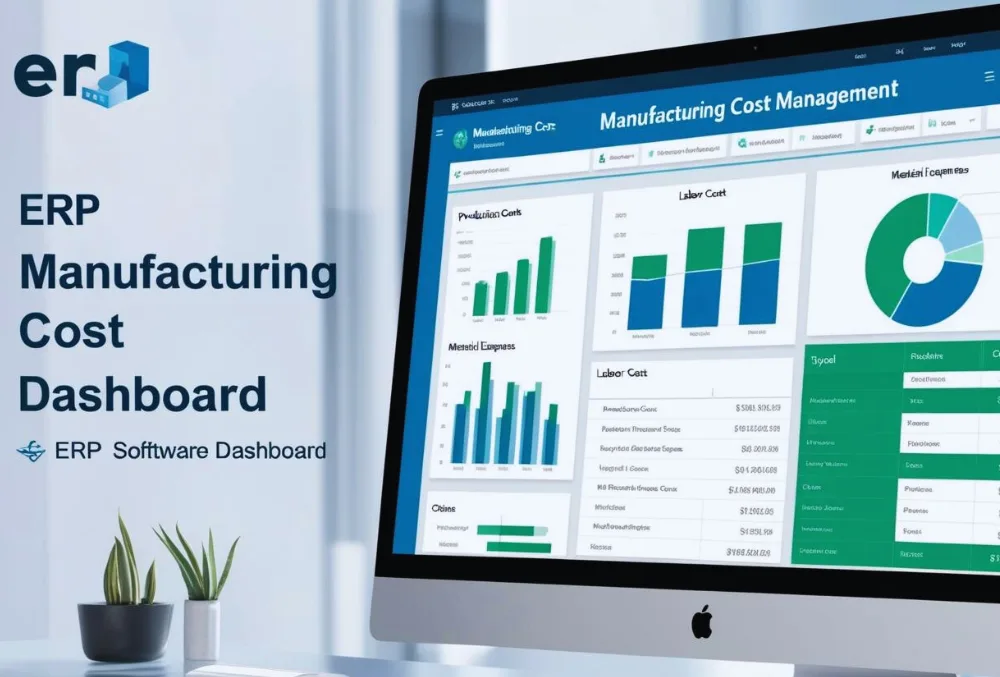 ERP software interface displaying cost analysis, resource planning, and inventory tracking for manufacturers.