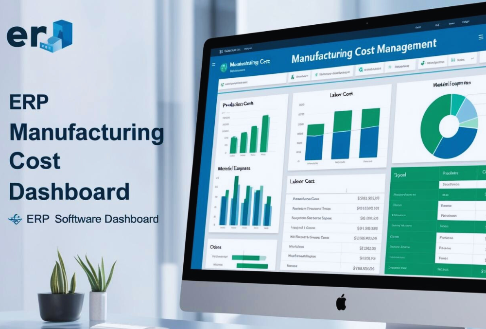 ERP software interface displaying cost analysis, resource planning, and inventory tracking for manufacturers.