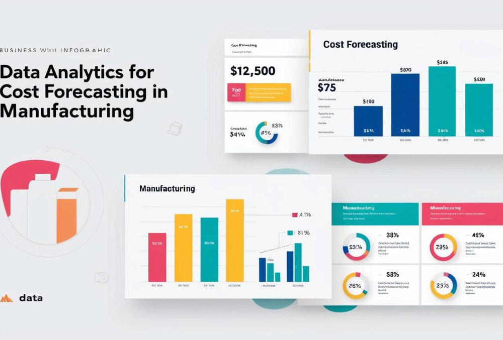 Big data analytics dashboard showing production cost trends and forecasting insights in manufacturing.