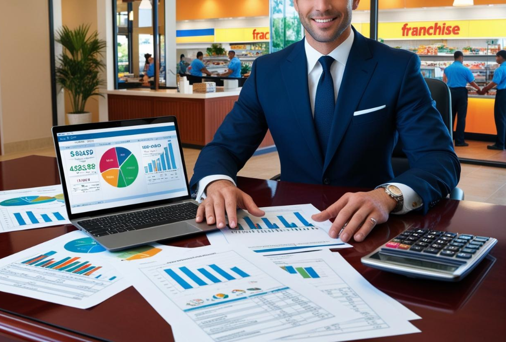 A financial consultant analyzes franchise financial reports on a laptop, surrounded by charts, graphs, and a calculator. In the background, a busy franchise storefront represents business success and profitability.