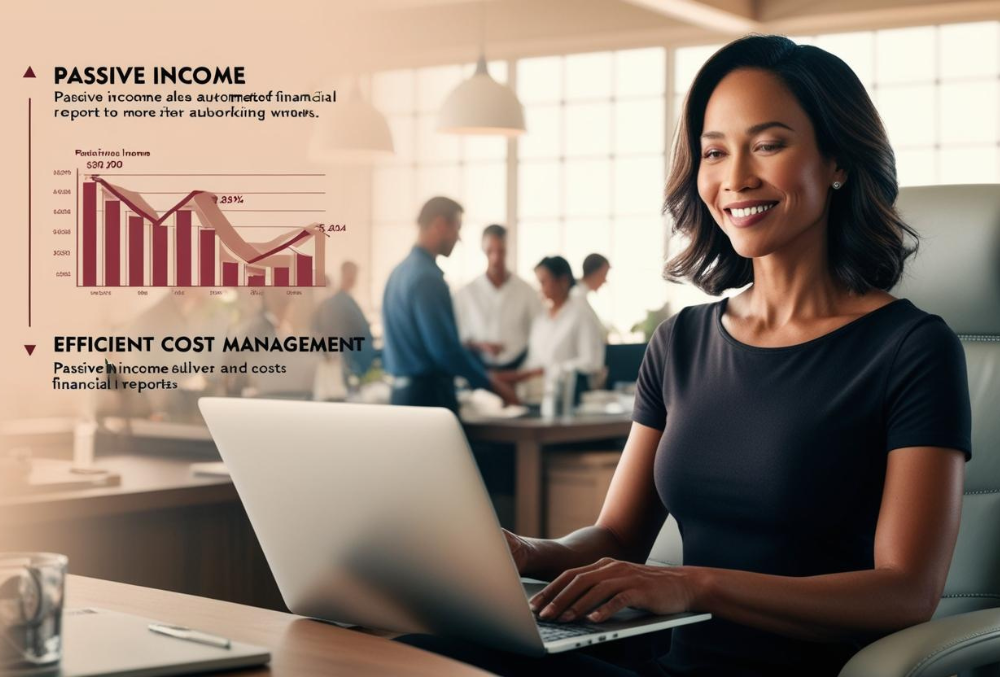 A franchise owner reviewing automated financial reports on a laptop while relaxing, with a smoothly running business in the background, representing passive income and efficient cost management.