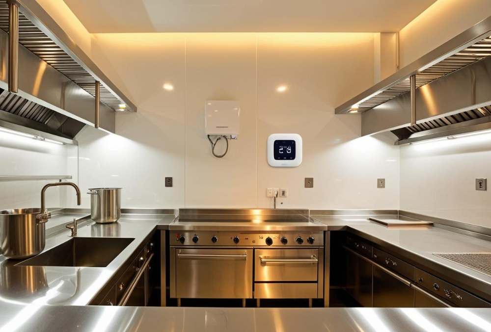 A modern restaurant kitchen with energy-efficient appliances, LED lighting, and a smart thermostat for energy savings.