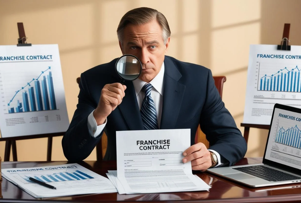 A cautious investor examines a franchise contract with a magnifying glass, reviewing potential hidden costs and financial risks before committing to a low-cost passive franchise.