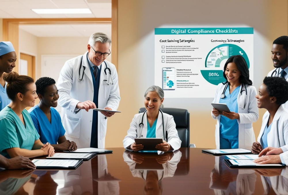 A hospital administrator reviewing compliance checklists on a tablet while consulting with medical staff, highlighting cost-efficient compliance management in a modern healthcare setting.