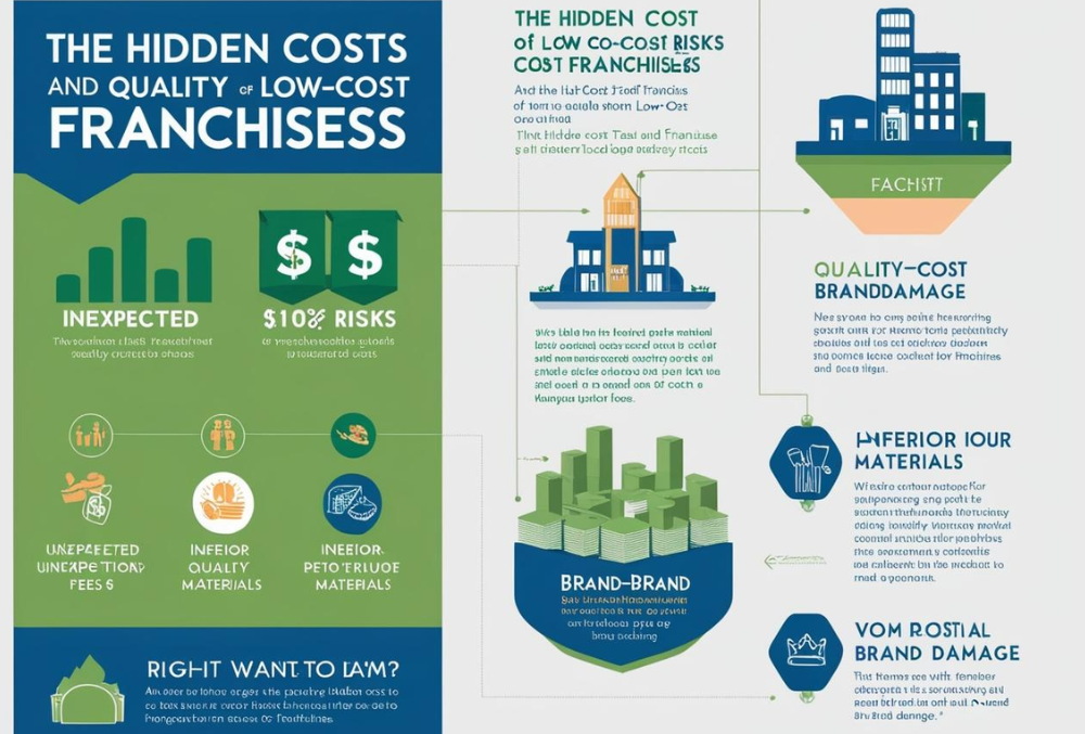 An infographic showing hidden costs in low-cost franchises, including royalties, supplier fees, and unexpected expenses. A frustrated franchisee stands next to a rising cost chart, illustrating financial risks.
