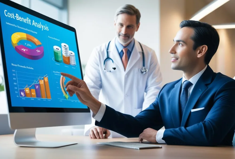 Healthcare professional reviewing cost-benefit analysis (CBA) data for informed decision-making.