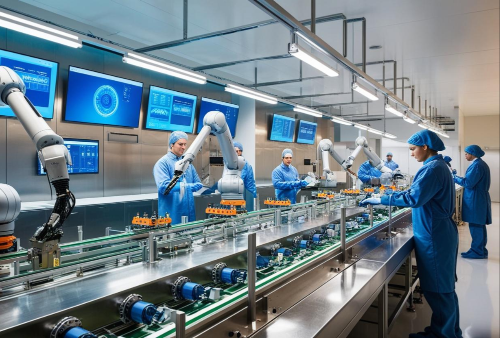 High-tech manufacturing facility using automation and energy-efficient solutions to reduce production costs while maintaining quality.