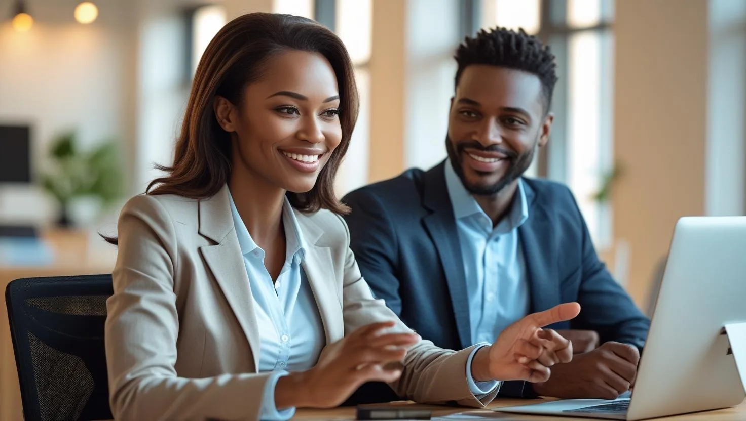 A business client confidently recommending services to a peer over a video call