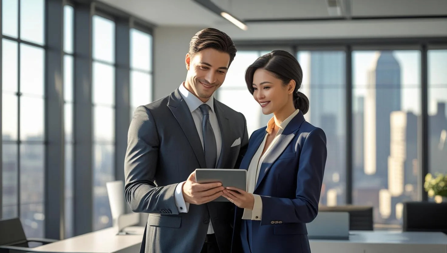 Business professional referring a trusted partner using a digital device in a modern office.