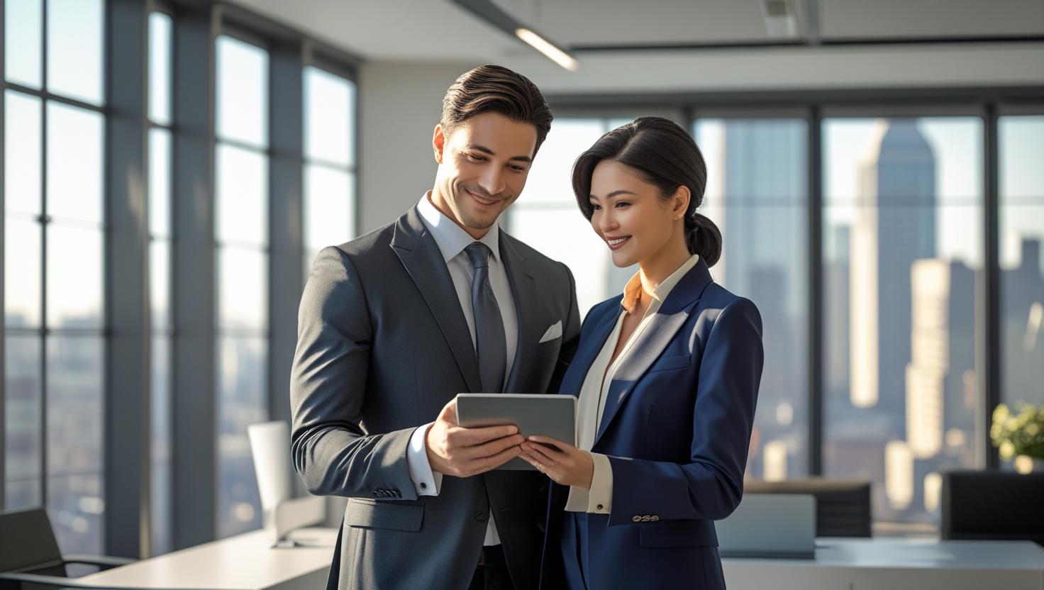 Business professional referring a trusted partner using a digital device in a modern office.
