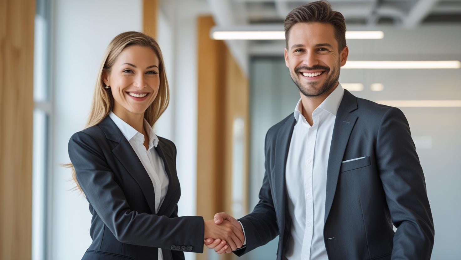 Business professionals shaking hands to represent trust in B2B referral partnerships