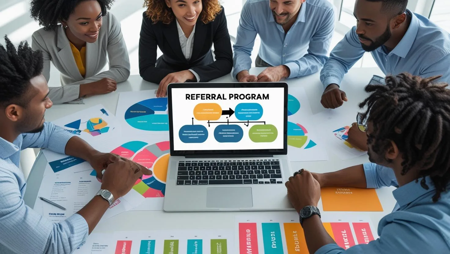 Marketing team planning a sales referral program around a laptop