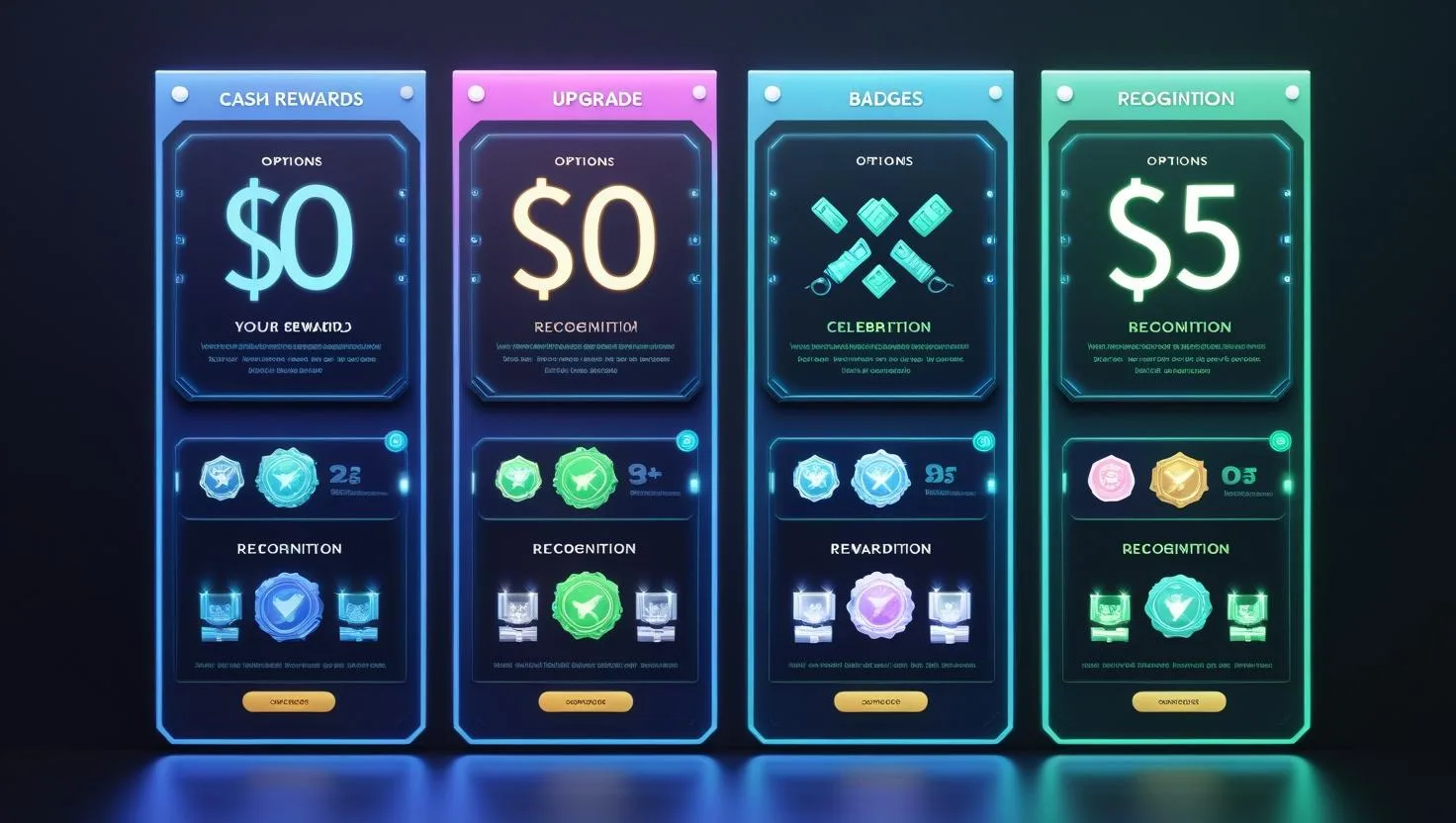 Reward tiers displayed on a digital dashboard, including cash, upgrades, and recognition options
