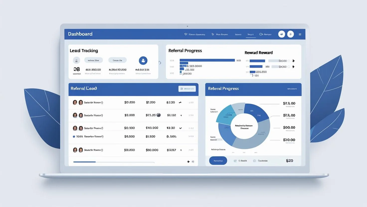Screenshot of referral program software with lead tracking, referral status, and reward visibility
