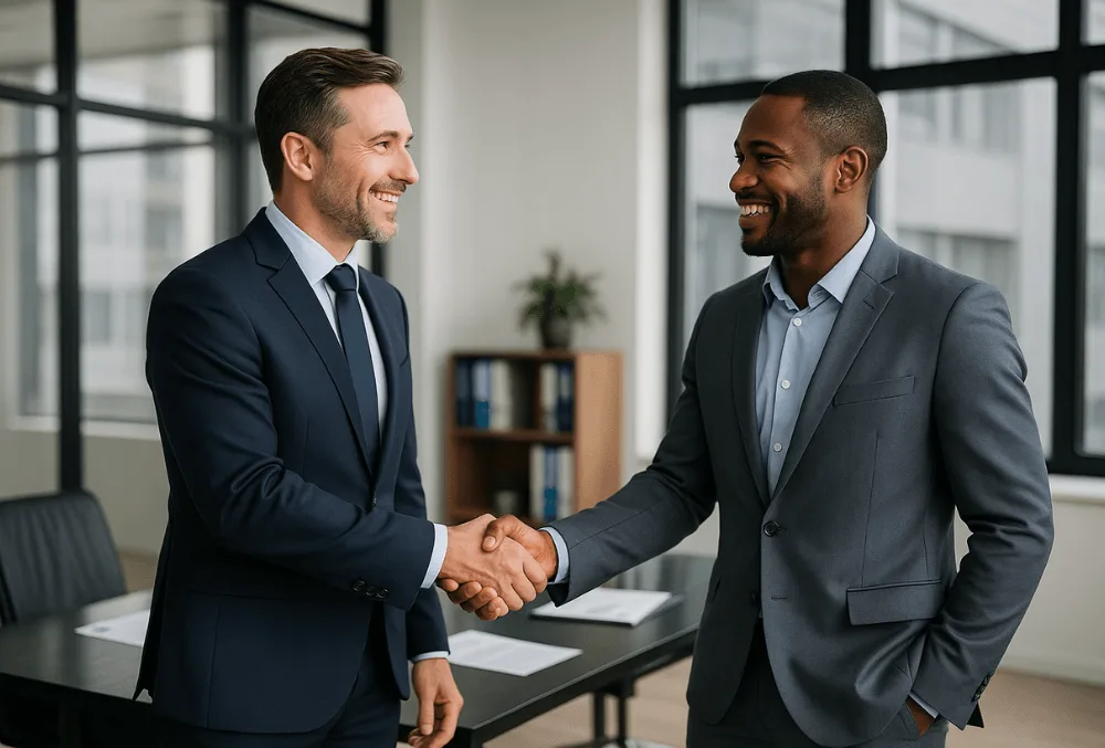 Business partners shaking hands in an office, representing B2B referral program collaboration.
