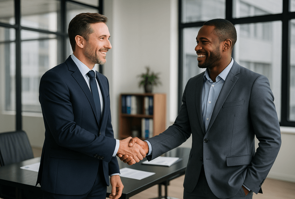 Business partners shaking hands in an office, representing B2B referral program collaboration.